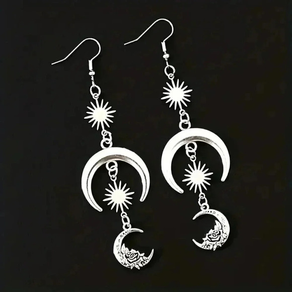 High Quality Jewelry - Silvery Sun Moon Flower Design Dangle Earrings